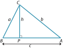Triangle ABC, AB = c, AC = b, BA = a. Point P on line AB such that CP is perpendicular to AB.