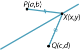 Line with point X(x, y) on it and equal lengths line segments P(a, b) and Q(c, d) drawn.