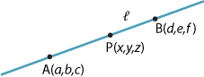 Line l with points A(a, b, c), P(x, y, z) and B(d, e, f)