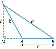 Triangle ABC, AB = c, BC = a, AC = b. Triangle AMC, right angle triangle, line CM marked as h, line AC marked as b.