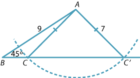 Triangle ABC dash, AB = 9, AC dash = 7. Angle ABC dash = 45 degrees. 