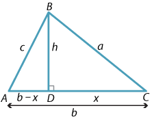 Triangle ABC, BC = a, CA = b, AB = c. Triangle ABD, right angle triangle, AB = c, BD = h, AD = b-x. 