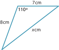 Triangle, measurement of sides given as 7 cm, 8cm, and xcm, angle created by 7cm side and 8cm side given as 110 degrees.