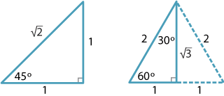 Right angle triangle on the left, adjacent marked as 1, hypotenuse marked as root 2, on the right a Right angle triangle, adjacent marked as 1, hypotenuse marked as 2.