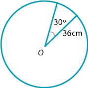Circle with radius of 36 cm, sector with angle at origin of 30 degrees.