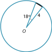 Circle with radius of 4cm, sector with angle at origin of 18 degrees, segment shaded. 
