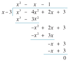 Long division: x cubed − 4 x squared + 2x + 3 divided by x − 3.