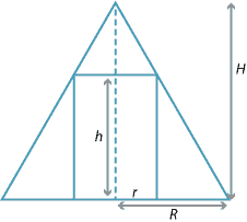 A cross-sectional diagram of a cylinder of radius r and height h placed in a cone of radius R and height H.