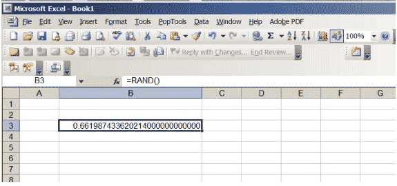 An Excel spreadsheet with a random number from between 0 and 1.