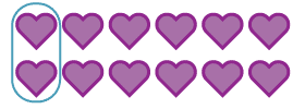 12 purples hearts arranged in 2 rows of 6. The first two hearts are circled.