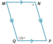 Parallelogram MNPQ with MN parallel to QP and MQ parallel to NP. Angle at Q = 120 degree. Angle at N is marked alpha.