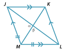 Parallelogram JKLM with LM = MJ. Diagonals meet to  form adjacent angles alpha and beta.