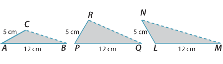 Three triangles all different but each with side lengths 5cm and 12cm.