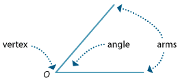 Two arms of an angle meet at the vertex, labelled O