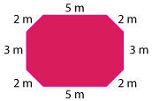 Side lengths starting from the top and going clockwise are 5 m, 2 m, 3 m, 2 m, 5 m, 2 m, 3 m and 2 m.