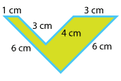 V shaped. Side lengths starting from the top left and going clockwise are 1 cm, 3 cm, 4 cm, 3 cm, 6 cm and 6 cm.