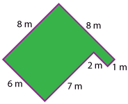 An irregular hexagon. A 6 m by 8 m rectangle with a 1 m by 2 m rectangle attached to one corner.