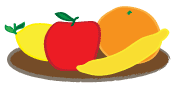 Plate of fruit containing a lemon, apple, orange and banana.