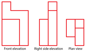 Three views of the solid labelled Front elevation, Right side elevation, Plan view.