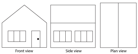 Front view, side view and plan view of a simple house