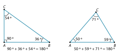 Two triangles each ABC with interior angles marked. 