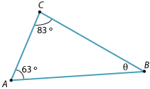 Triangle ABC. Angle A 63 degrees, angle B theta, angle C 83 degrees