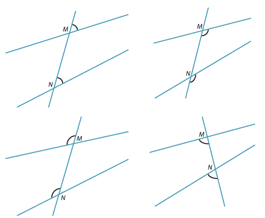 Four diagrams. All have a pair of lines cut by a transversal. 