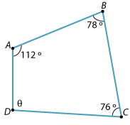 Quadrilateral ABCD. Angle A 112 degrees, angle B 78 degrees, angle C 76 degrees, angle D theta.