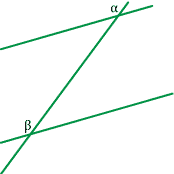 Pair of lines cut by transversal. One pair of corresponding angles marked alpha and beta