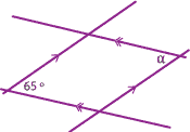 Two pairs of parallel lines intersecting to make a parallelogram. One pair of opposite angles marked 65 degrees and alpha