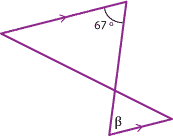 Pair of parallel lines with two transversals creating two triangles. Two corresponding angles marked 67 degrees and beta