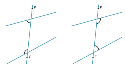 Two diagrams. In each, two lines cut by tranversal EF with one pair of co-interior angles marked on each.