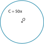 Circle, centre labelled 'O'; C = 50 pi written inside the circle