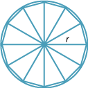 Circle enclosing a 12 sided polygon divided into sectors; 12 radii drawn, one marked r