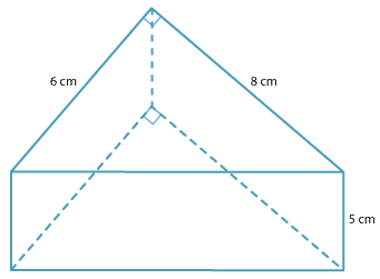 Triangular prism. Right-angled triangular ends with base 6, height 8. Length is 5. 