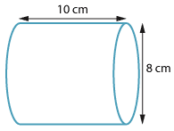Drawing of a cylinder with base diameter 8 cm and height 10 cm.