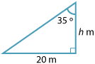Right-angled triangle has an acute angle 35 degrees, adjacent side h m, opposite side 200 m 