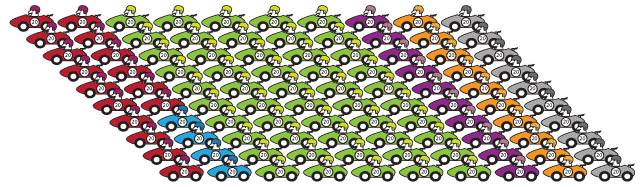 100 racing cars arranged in a 10 by 10 array.