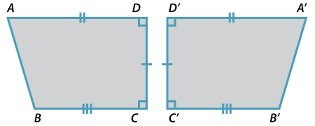 Two identical quadrilaterals ABCD and A′B′C′D′. One is the reflection of the other.