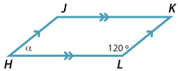 Parallelogram JKLH with JK parallel to HL and JH parallel to KL. Angle at L is 120o Angle at H is alpha.