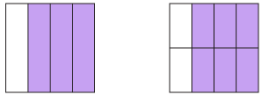 Two squares. Left square 3/4 shaded, right square 6/8 shaded. 