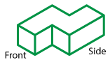 Isometric drawing of a shape composed of two congruent rectangular prisms with half of one side of each abutting.