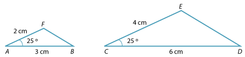 Two triangles AFB and CED side by side.
