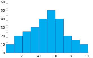 Histogram, horizontal axis 0–100 class interval 10; vertical axis 0–60.